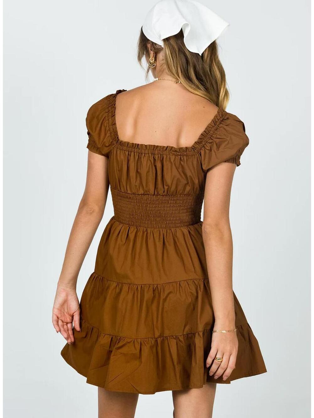 NWT Princess Polly Daniela Chocolate Brown Tiered Ruffle Smocked Mini Dress 6 - Picture 4 of 9